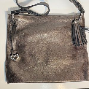 Brighton Piper Slim Bronze Tooled Leather Shoulder Bag